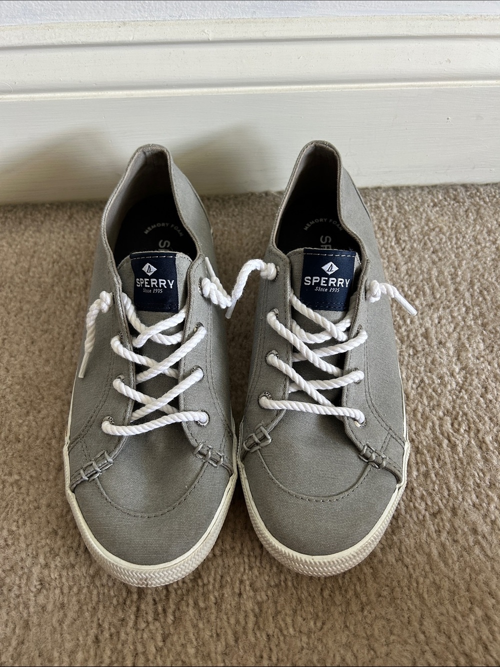 Sperry Gray Canvas Women's Lace-Up Boat Sneakers with White Laces